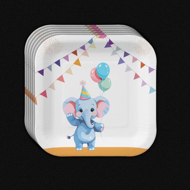 Colourful Baby Elephant with Balloons Baby Shower Paper Plate (Creator Uploaded)