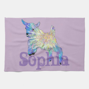 Colourful Baby Goat Jumping Design with Your Name Tea Towel