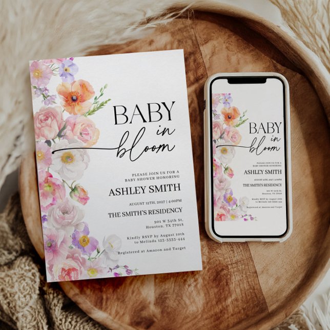 Colourful Baby in Bloom Invitation | Summer Flower (baby in bloom baby shower invitation floral fiesta)