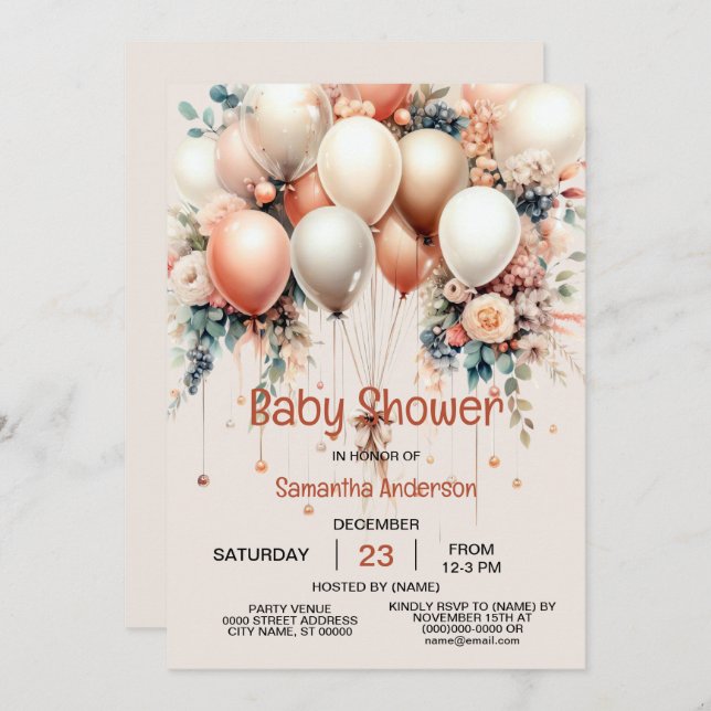 Colourful Baby Shower Peach WhiteFloral Balloons Invitation (Front/Back)