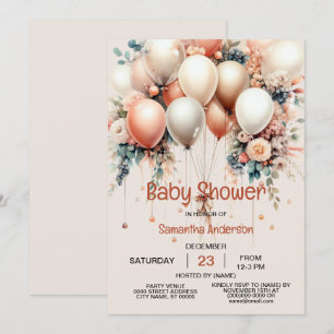 Colourful Baby Shower Peach WhiteFloral Balloons Invitation