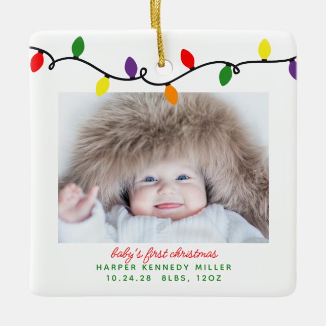 Colourful Baby's First Christmas Lights 2 Photos Ceramic Ornament (Front)