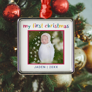 Colourful Baby's First Christmas Photo Metal Ornament