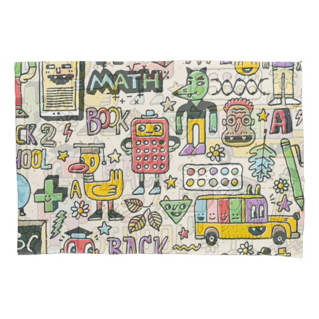 Colourful back to school doodles pillowcase (Front)