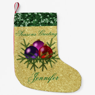 Colourful Ball Ornaments Gold & Green Faux Glitter Small Christmas Stocking
