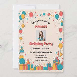 Colourful Ballons and Gifts Personalised Birthday Invitation