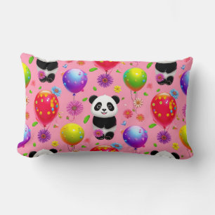 Colourful Balloon and Panda Pattern with Flowers Lumbar Cushion