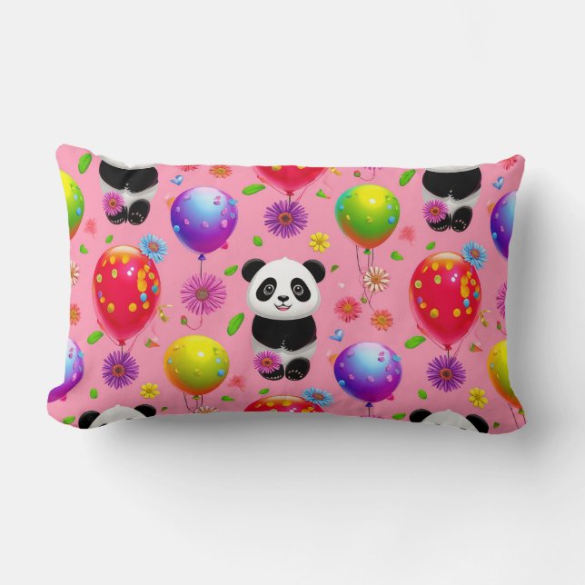 Colourful Balloon and Panda Pattern with Flowers Lumbar Cushion (Front)