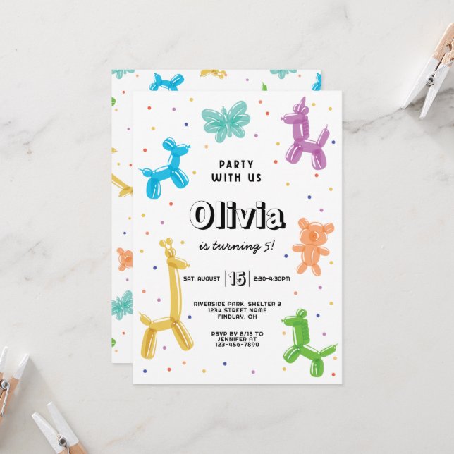 Colourful Balloon Animals Birthday Party, Any Age Invitation (Front/Back In Situ)