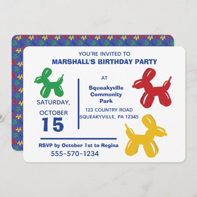 Colourful Balloon Animals Dogs Kids Birthday Party Invitation (Front/Back)