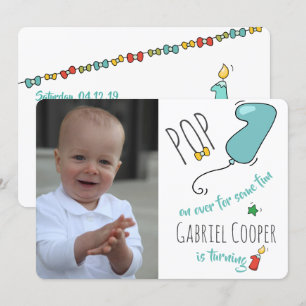 Colourful balloon themed first birthday photo invitation