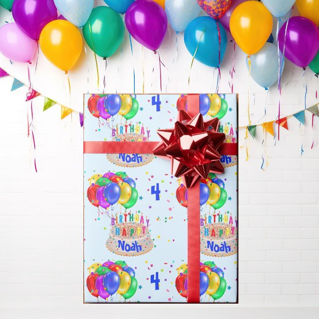 Colourful Balloons Add NAME to Cake Boy's Birthday Wrapping Paper (Creator Uploaded)