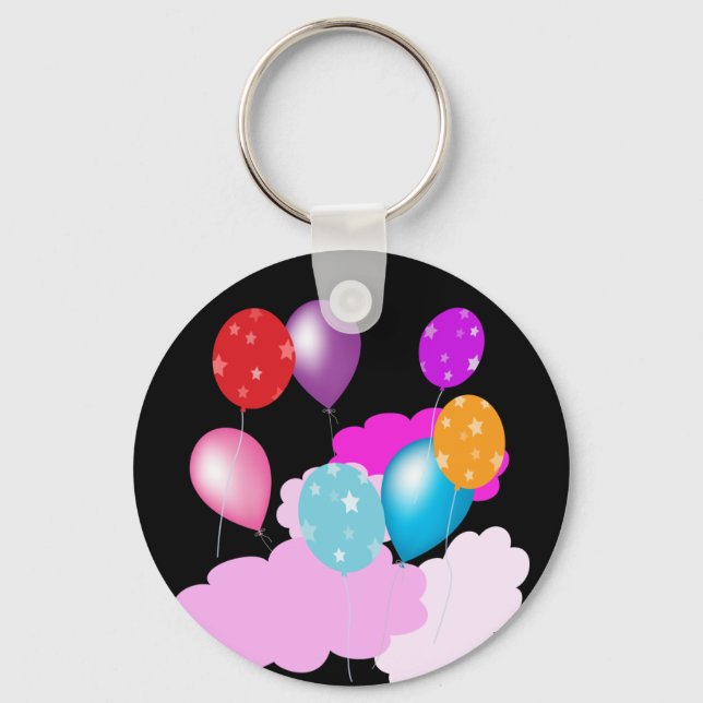colourful balloons and clouds party accessories key ring (Front)