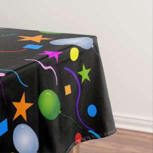 Colourful Balloons and Streamers on BLACK Tablecloth