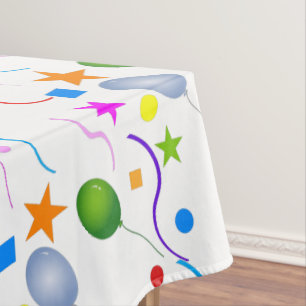 Colourful Balloons and Streamers on WHITE Tablecloth