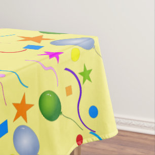 Colourful Balloons and Streamers on YELLOW Tablecloth