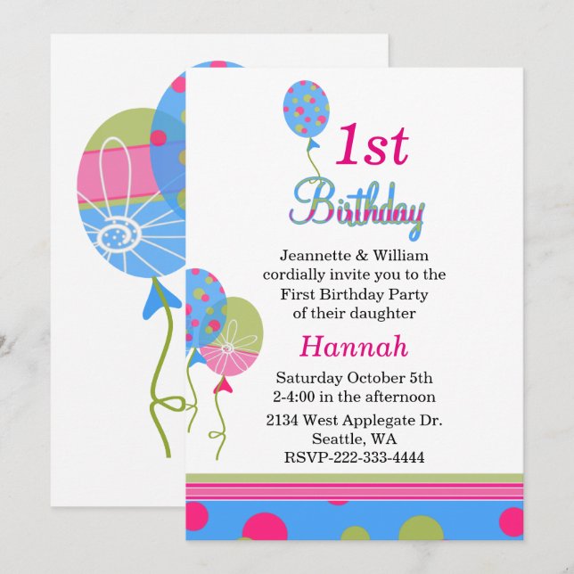 Colourful Balloons Baby's First Birthday Invitatio Invitation (Front/Back)