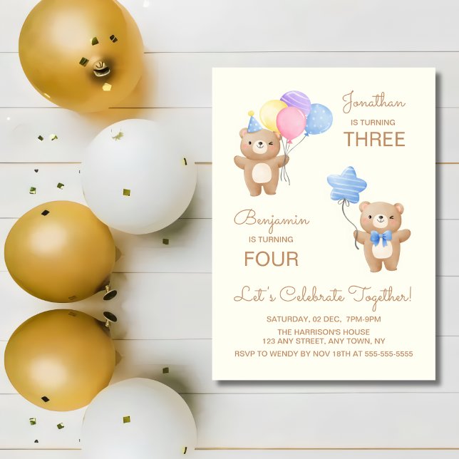 Colourful Balloons Bear Boys Joint Birthday  Invitation (Creator Uploaded)