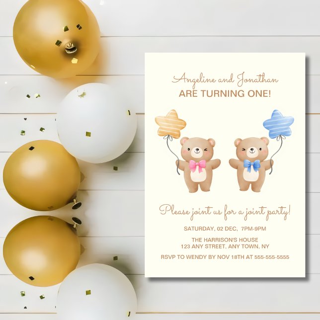 Colourful Balloons Bear Twin Joint Birthday  Invitation (Creator Uploaded)