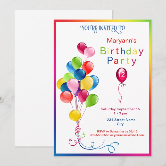 Colourful Balloons Birthday Party Invitation (Front/Back)