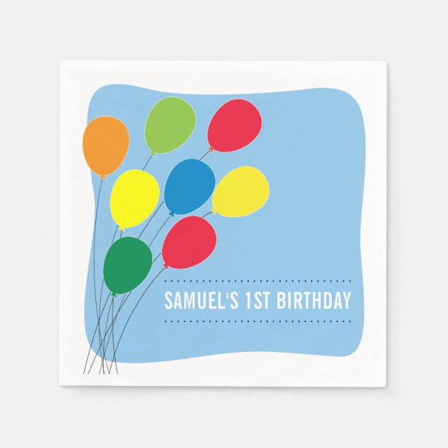 Colourful Balloons Boys 1st Birthday Party Napkin (Front)