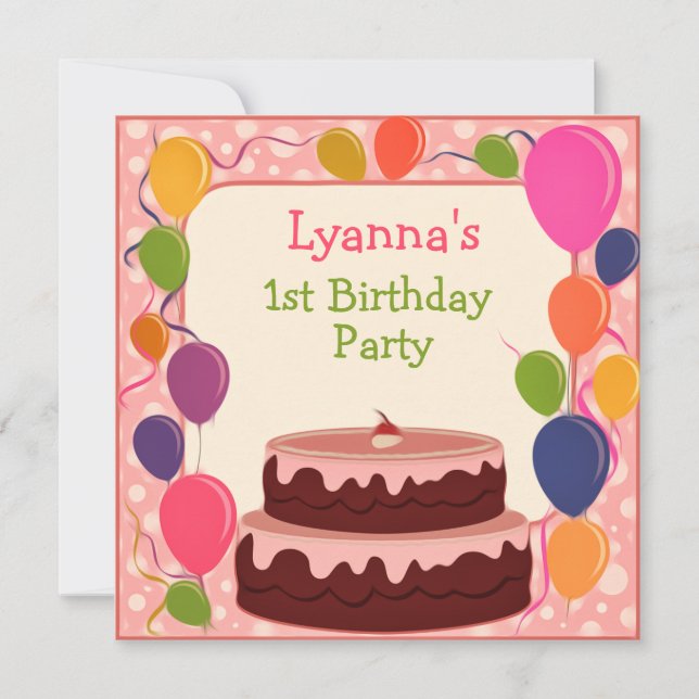 Colourful Balloons Cake Birthday Invitation Card (Front)
