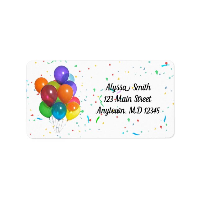 Colourful Balloons & Confetti Birthday Party Label (Front)
