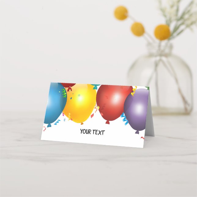 Colourful Balloons & Confetti Birthday Party Table Place Card (Front)