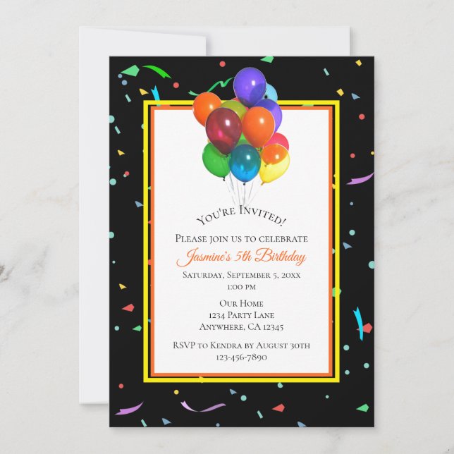 Colourful Balloons & Confetti on Black | Party Invitation (Front)