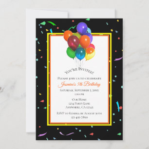 Colourful Balloons & Confetti on Black   Party Invitation
