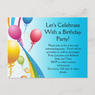 Colourful Balloons | Curly Ribbons Invitation Postcard