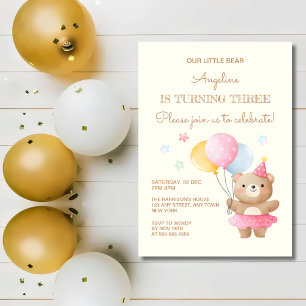Colourful Balloons Cute Bear Girl 3rd Birthday  Invitation