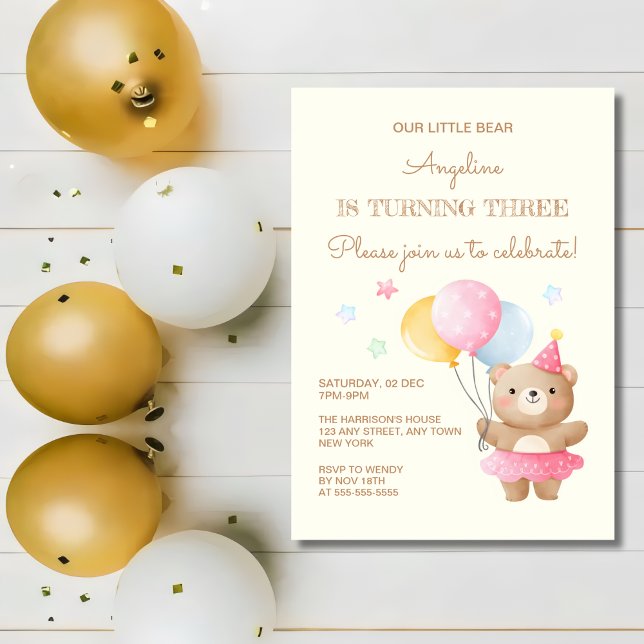 Colourful Balloons Cute Bear Girl 3rd Birthday  Invitation (Creator Uploaded)