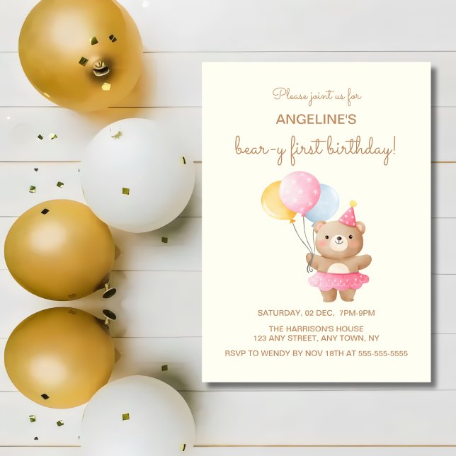 Colourful Balloons Cute Bear Girl Birthday  Invitation (Creator Uploaded)