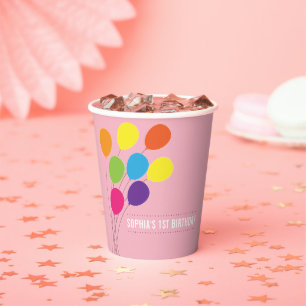 Colourful Balloons Girls 1st Birthday Party Paper Paper Cups