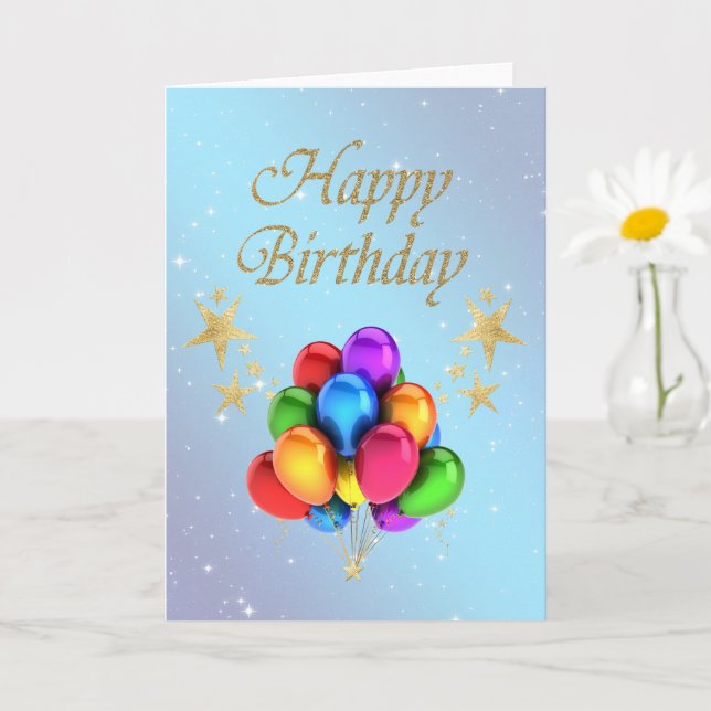 Colourful balloons Gold Stars Happy Birthday Card (Small Plant)