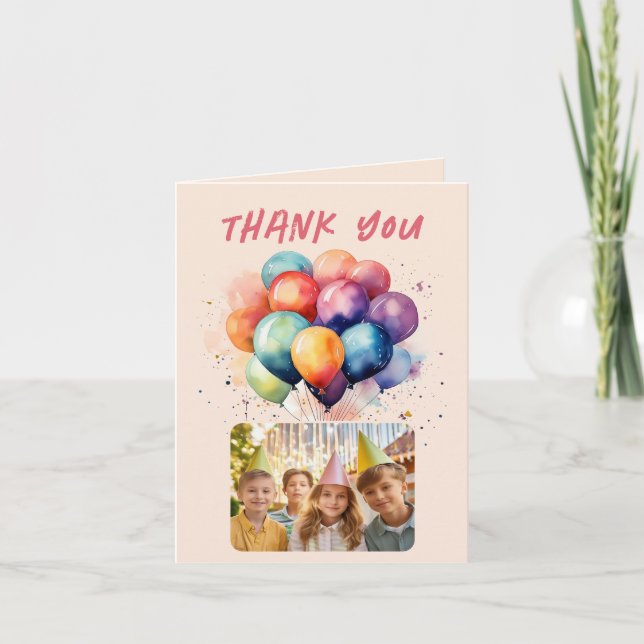 Colourful Balloons Kids Birthday Photo Thank you Card (Front)