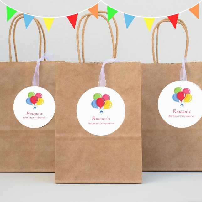 Colourful Balloons Personalised Girls Birthday Classic Round Sticker (Creator Uploaded)