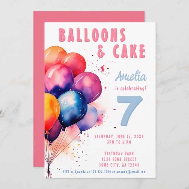 Colourful Balloons Watercolor Kids Birthday party  Invitation (Front/Back)