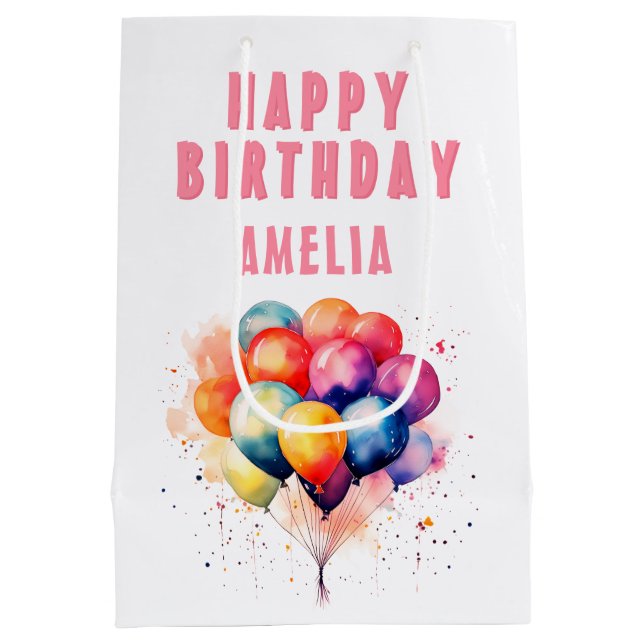 Colourful Balloons Watercolor Kids Happy Birthday  Medium Gift Bag (Back)