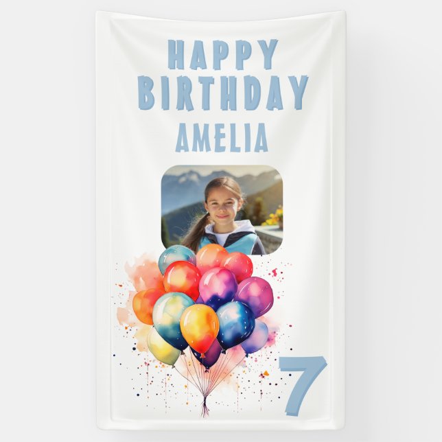 Colourful Balloons Watercolor Photo Birthday Party Banner (Vertical)