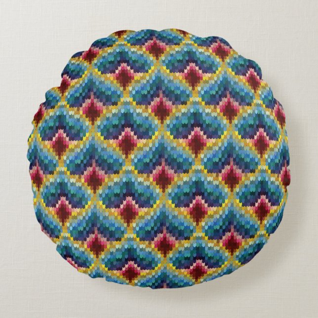 Colourful Bargello Embroidery Boho Chic Pattern Round Cushion (Front)