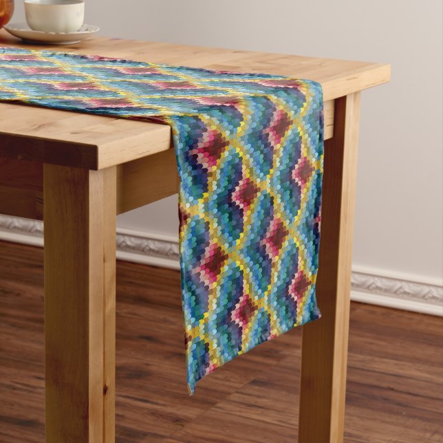 Colourful Bargello Embroidery Boho Chic Pattern Short Table Runner (In Situ)