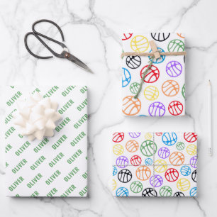 Colourful Basketball Ball Pattern Sport Name Wrapping Paper Sheet