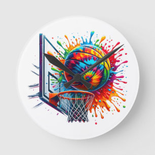 Colourful Basketball Tie Dye Colour Splash Basketb Round Clock