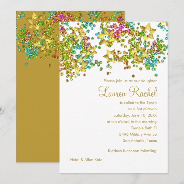 Colourful Bat Mitzvah Gold Star Glittery Confetti Invitation (Front/Back)