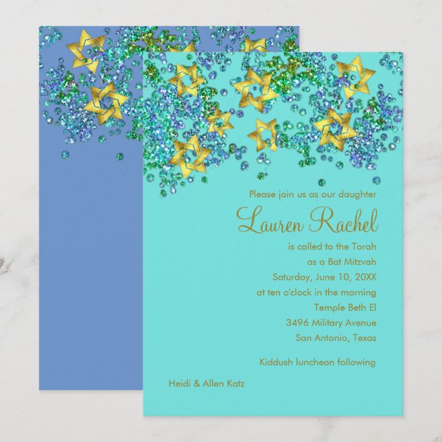 Colourful Bat Mitzvah Gold Star Glittery Confetti Invitation (Front/Back)