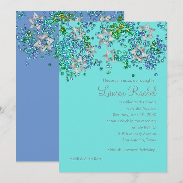 Colourful Bat Mitzvah Silver Star Glittery Confett Invitation (Front/Back)