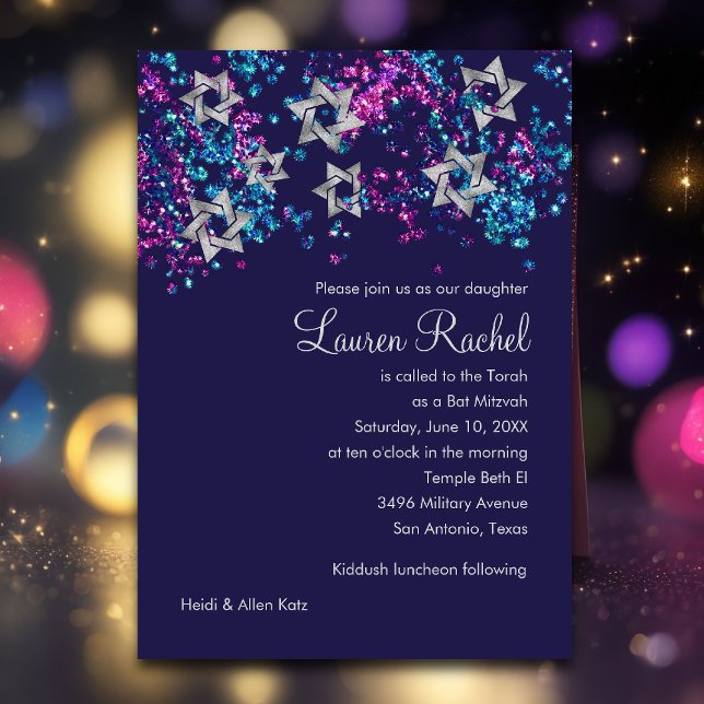 Colourful Bat Mitzvah Silver Star Glittery Confett Invitation (Creator Uploaded)