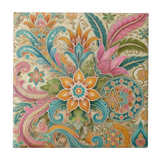Colourful Batik Boho Botanical Watercolor Ceramic Tile